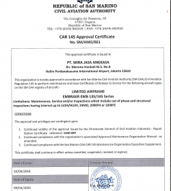 CAR 145 APPROVAL CERTIFICATE BY REPUBLIC OF SAN MARINO CIVIL AVIATION AUTHORITY